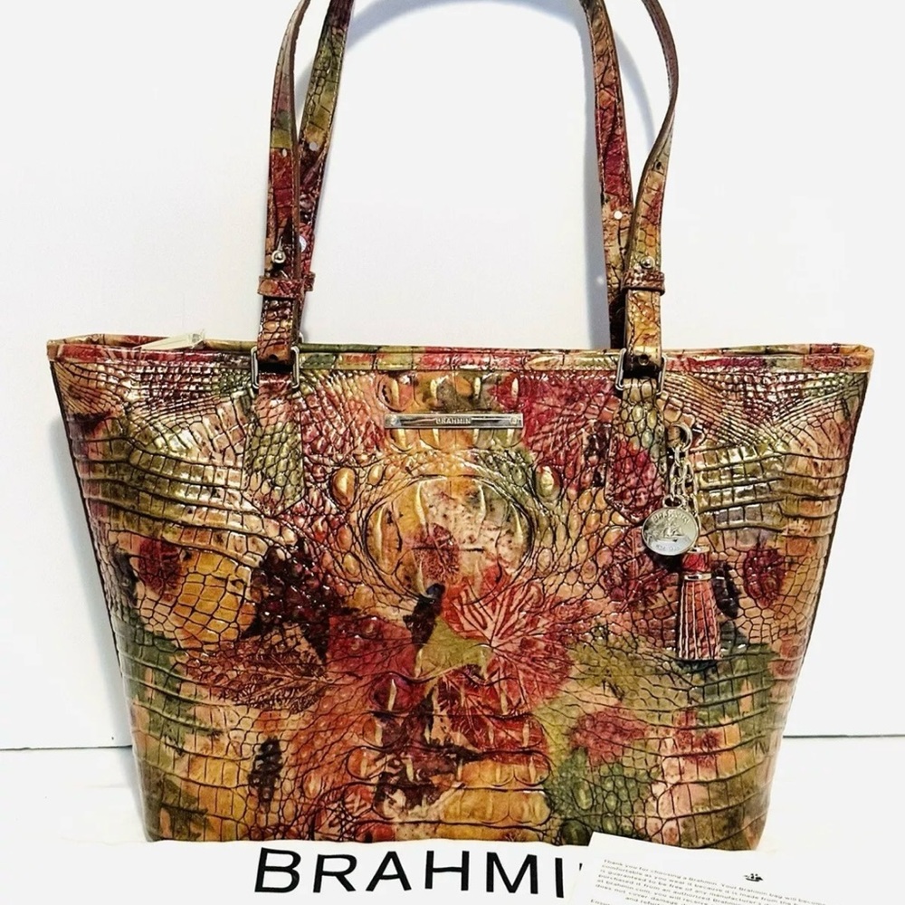 Brahmin Red and Green Shoulder Tote Bag with Textured Design - Picture 10 of 14